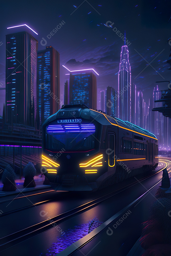 Trem futurista passando pelo cyberp