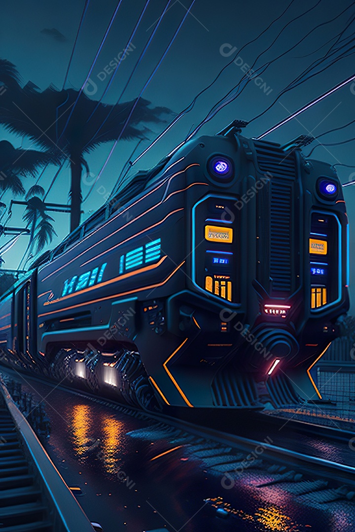 Trem futurista passando pelo cyberp