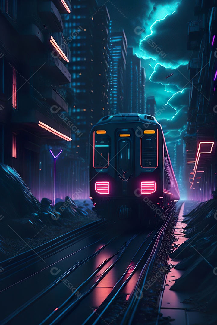 Trem futurista passando pelo cyberp