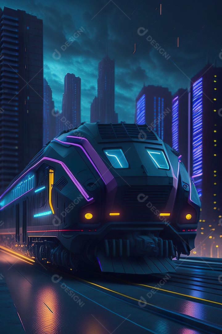 Trem futurista passando pelo cyberp