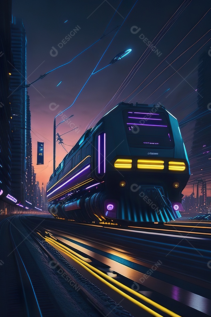Trem futurista passando pelo cyberp