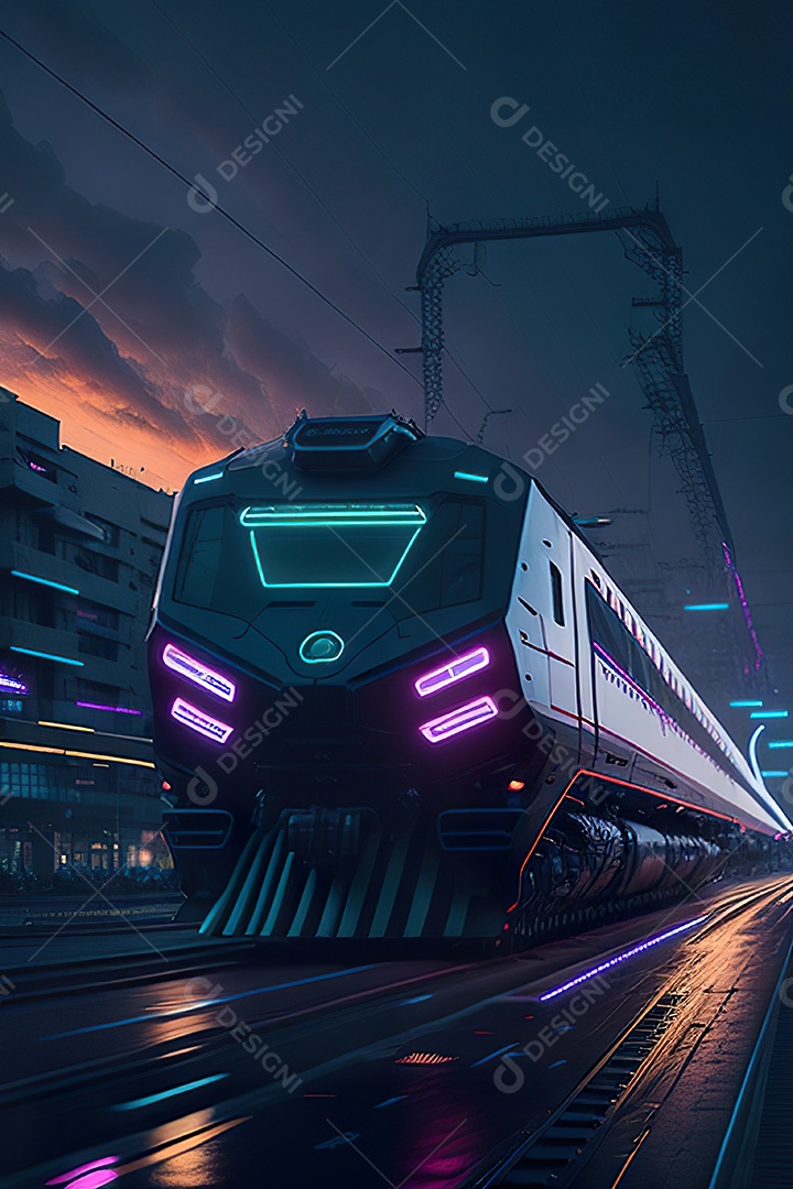 Trem futurista passando pelo cyberp