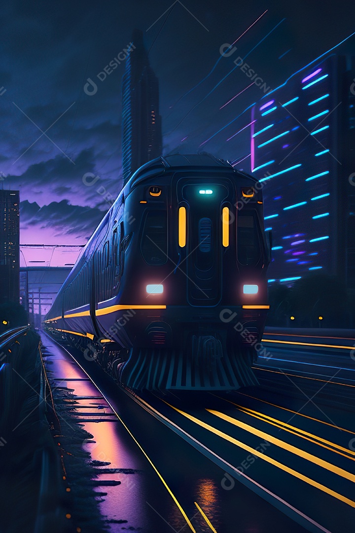 Trem futurista passando pelo cyberp