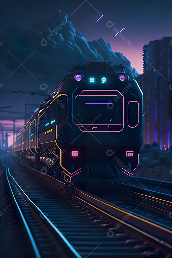 Trem futurista passando pelo cyberp