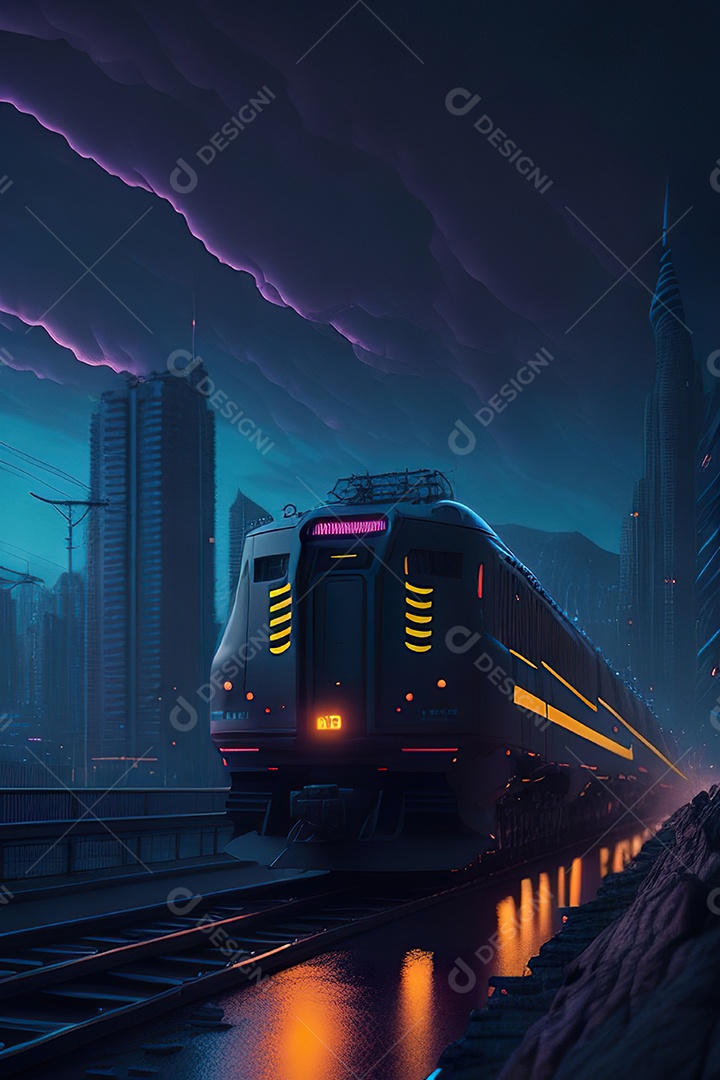 Trem futurista passando pelo cyberp