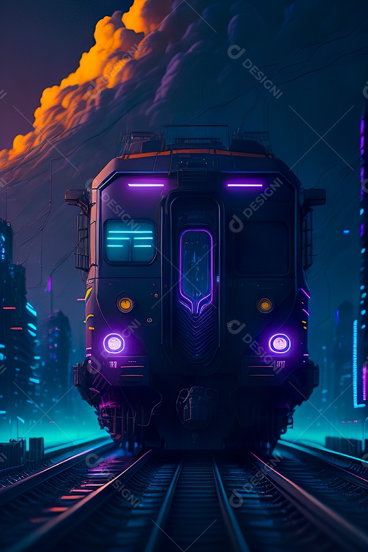 Trem futurista passando pelo cyberp