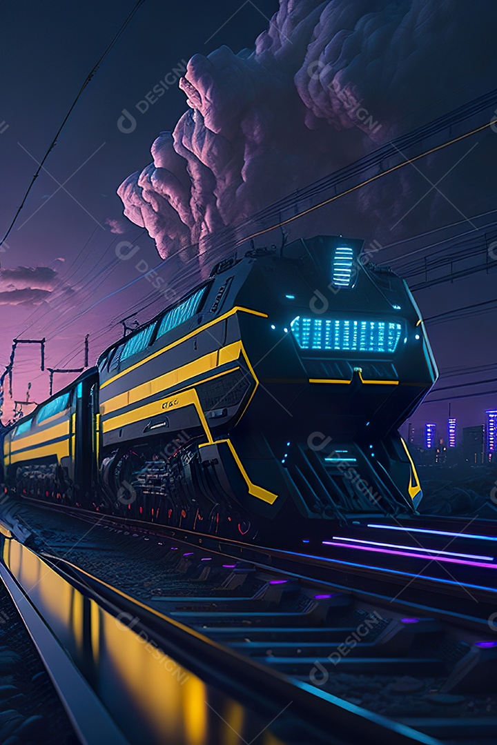 Trem futurista passando pelo cyberp