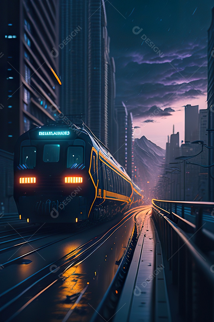 Trem futurista passando pelo cyberp