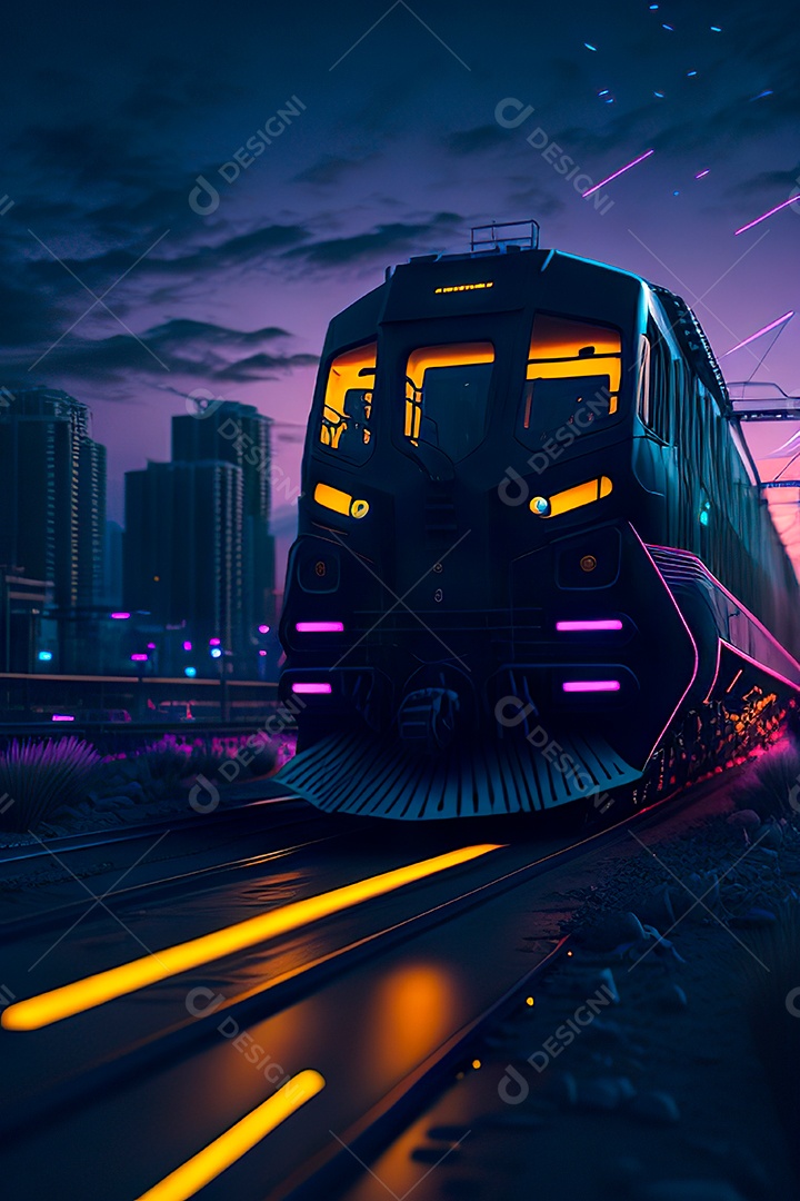 Trem futurista passando pelo cyberp