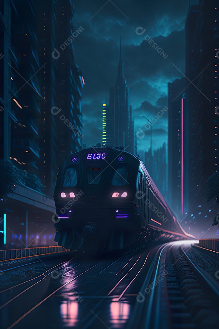 Trem futurista passando pelo cyberp