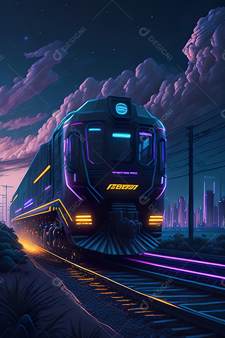 Trem futurista passando pelo cyberp