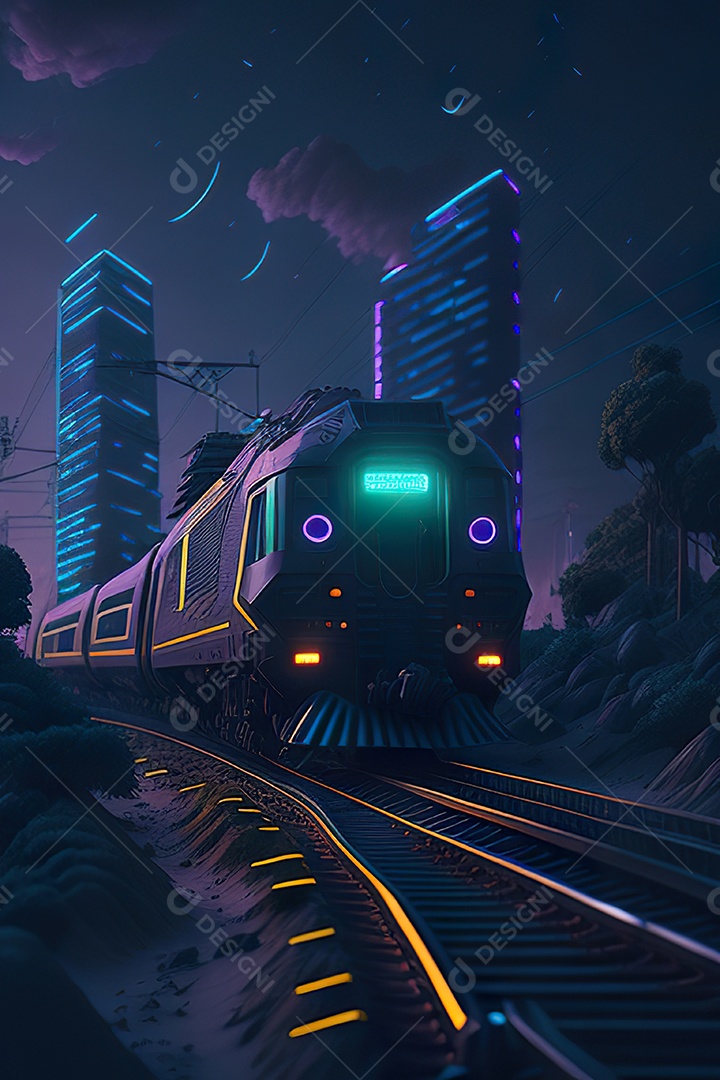 Trem futurista passando pelo cyberp