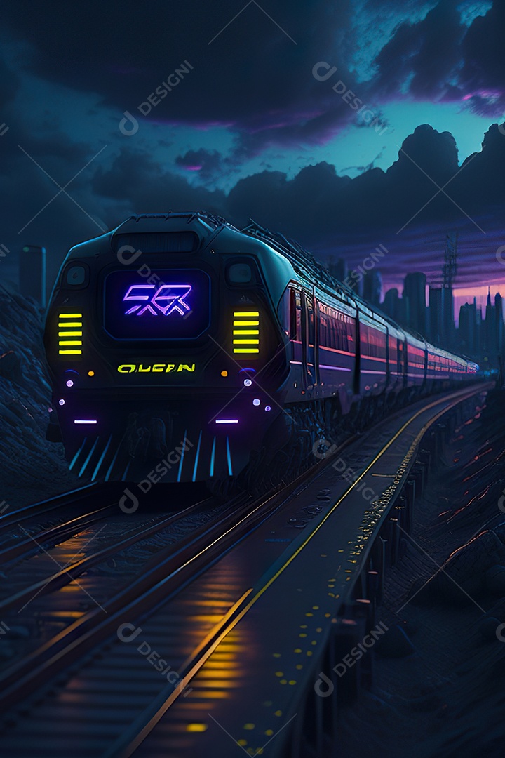 Trem futurista passando pelo cyberp
