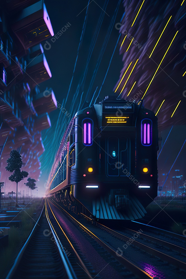 Trem futurista passando pelo cyberp