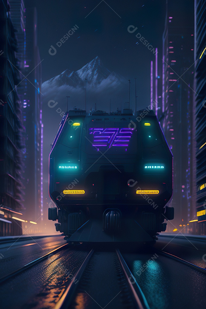 Trem futurista passando pelo cyberp