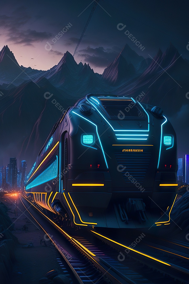 Trem futurista passando pelo cyberp