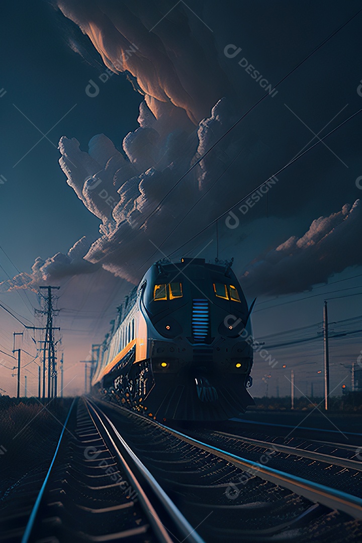 Trem futurista passando pelo cyberp