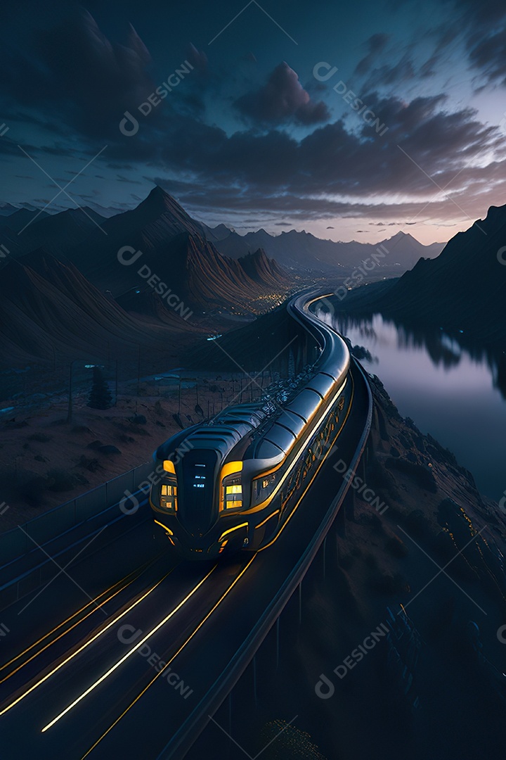 Trem futurista passando pelo cyberp