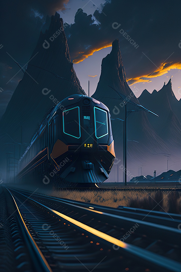 Trem futurista passando pelo cyberp