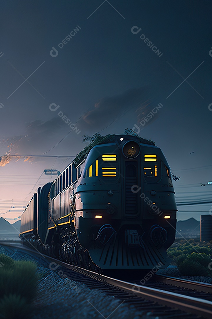 Trem futurista passando pelo cyberp