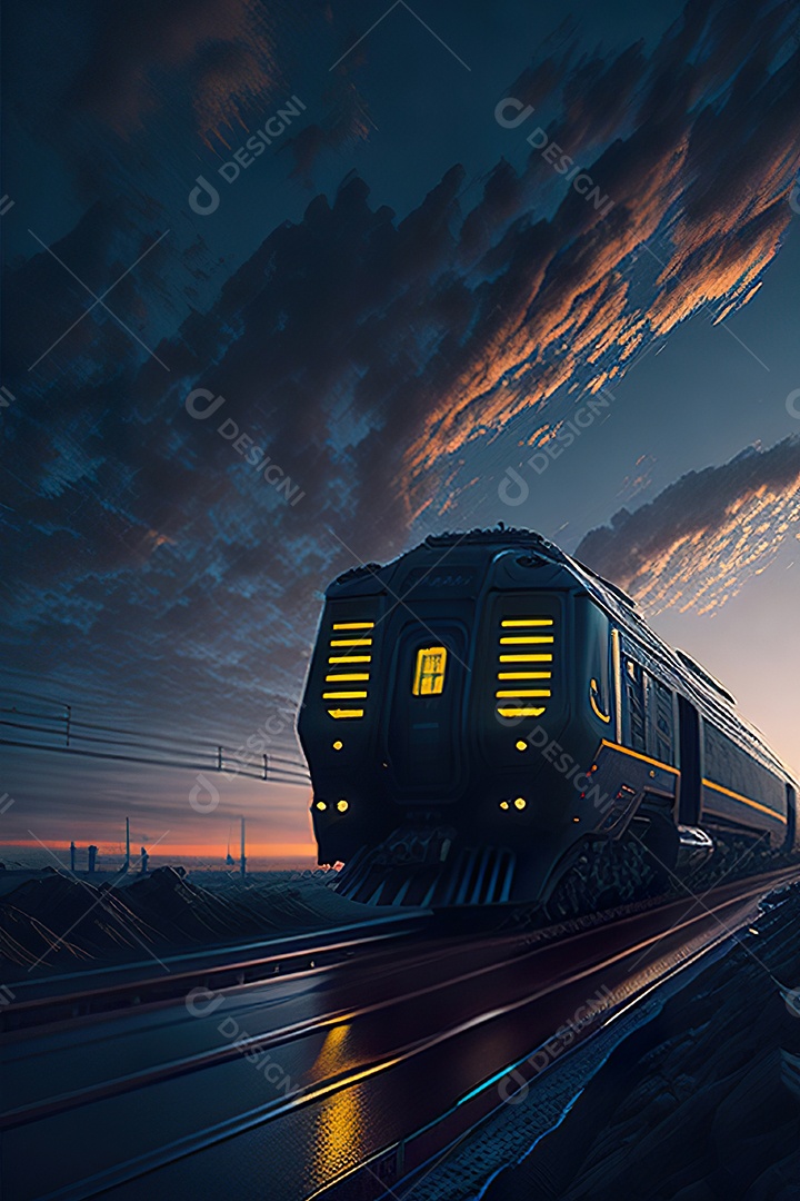 Trem futurista passando pelo cyberp