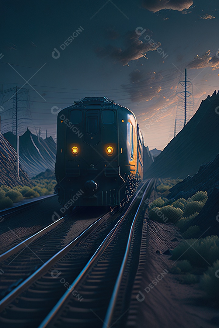 Trem futurista passando pelo cyberp