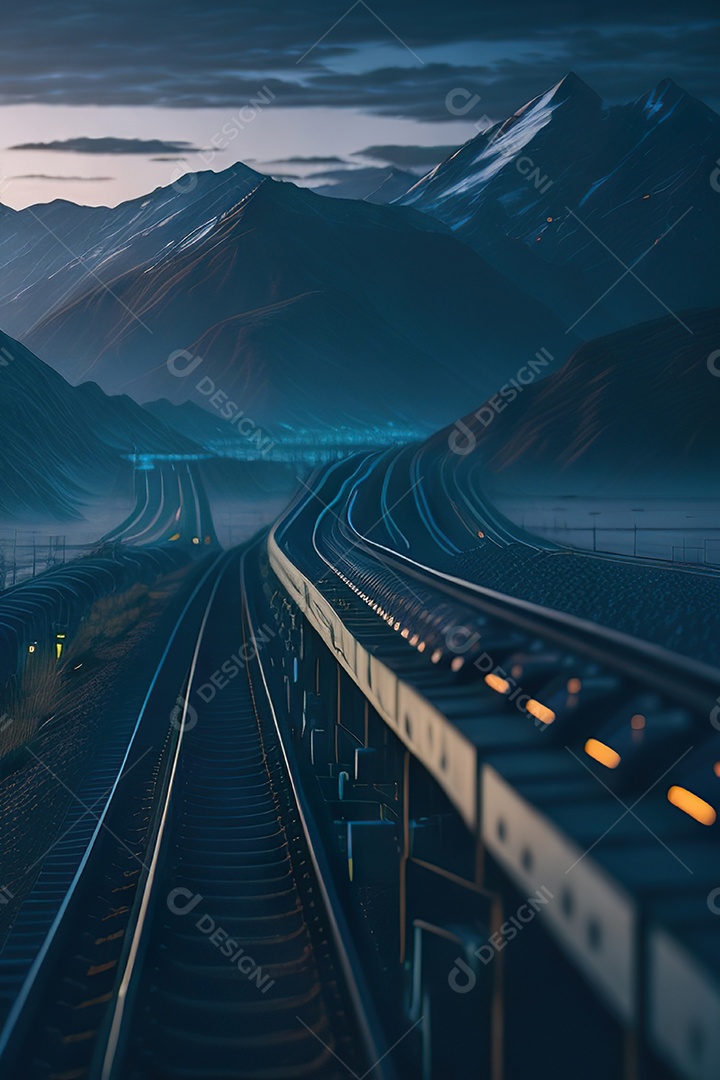 Trem futurista passando pelo cyberp