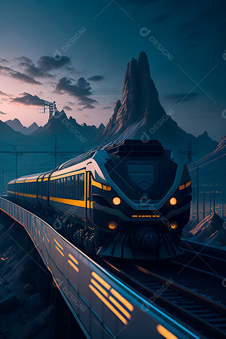 Trem futurista passando pelo cyberp