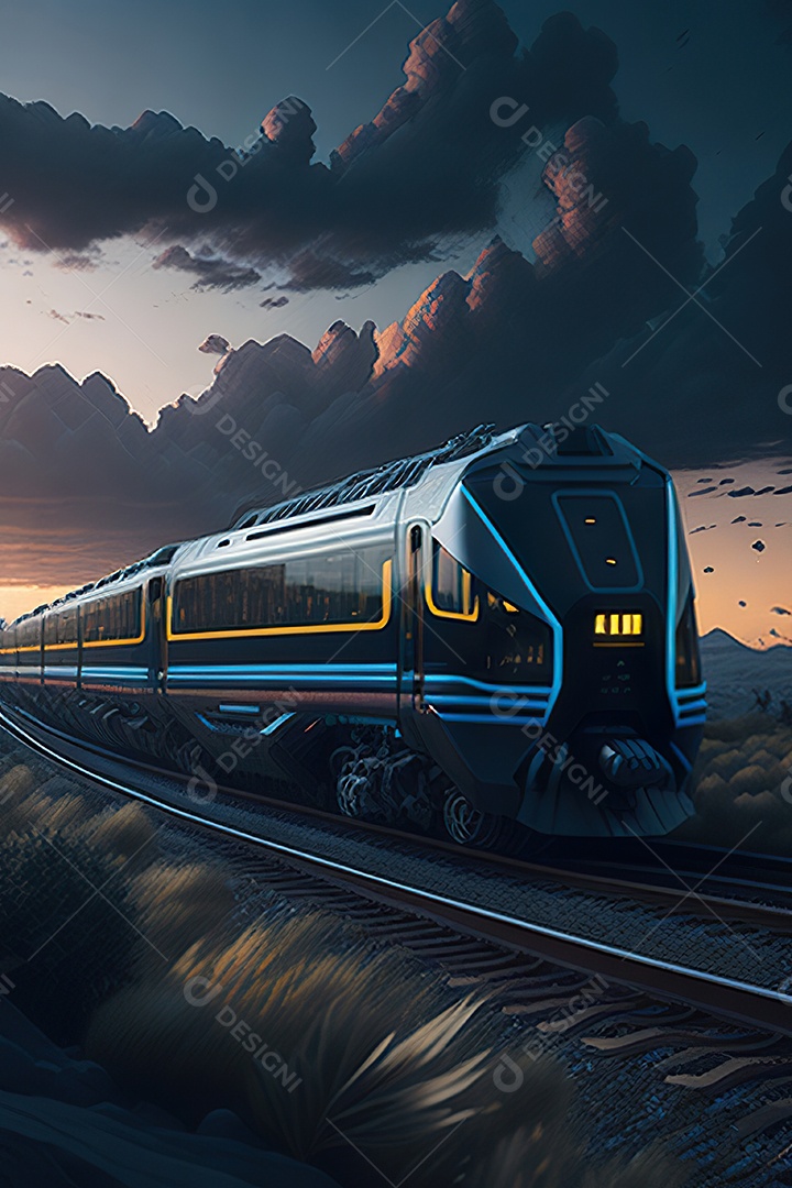 Trem futurista passando pelo cyberp