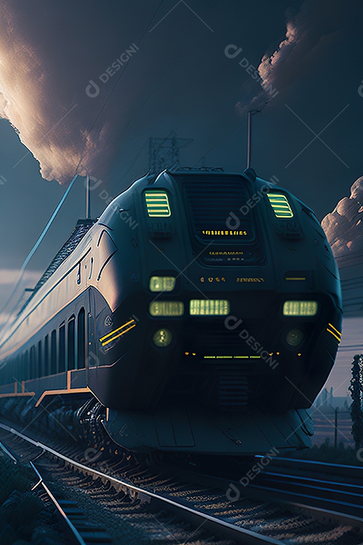 Trem futurista passando pelo cyberp