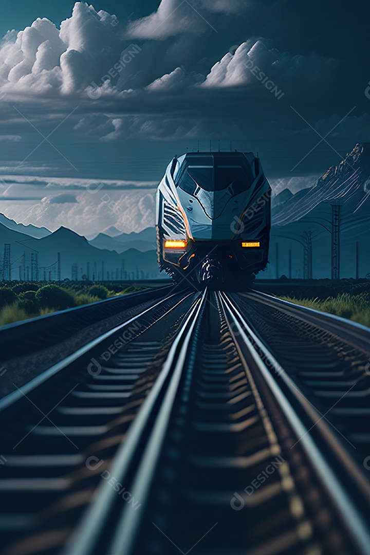 Trem futurista passando pelo cyberp