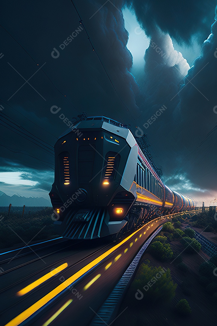 Trem futurista passando pelo cyberp