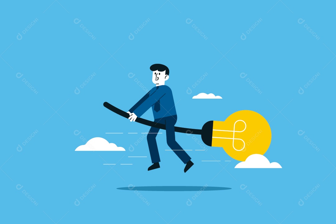 Homem Voando Em Vassoura Com Lâmpada De Ideia Inovadora Vetor EPS