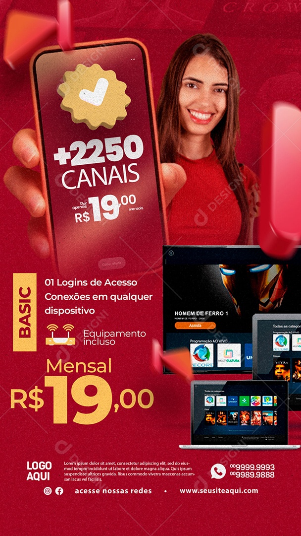 Story Plano Mensal 19,00 Logins De Acesso Conexões Em Qualquer Dispositivo IPTV Social Media PSD Editável