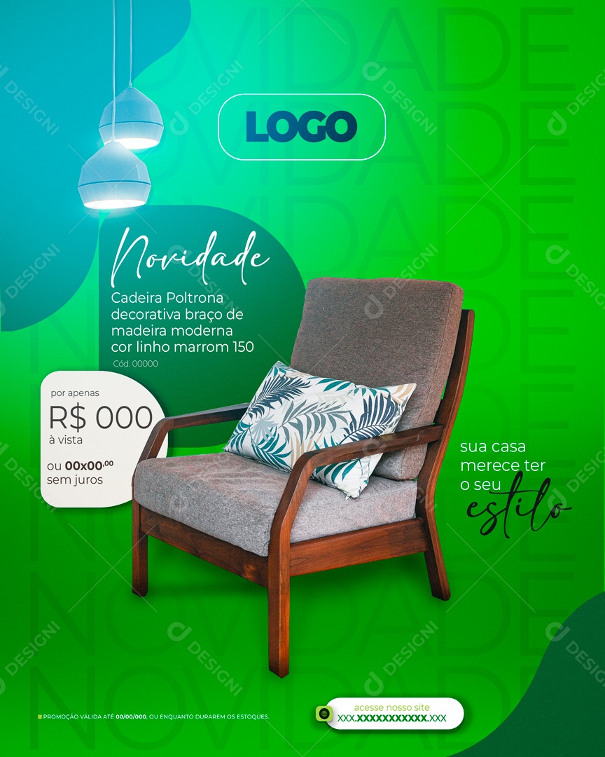 Novidades Poltrona Decorativa Braço de Madeira Social Media PSD Editável