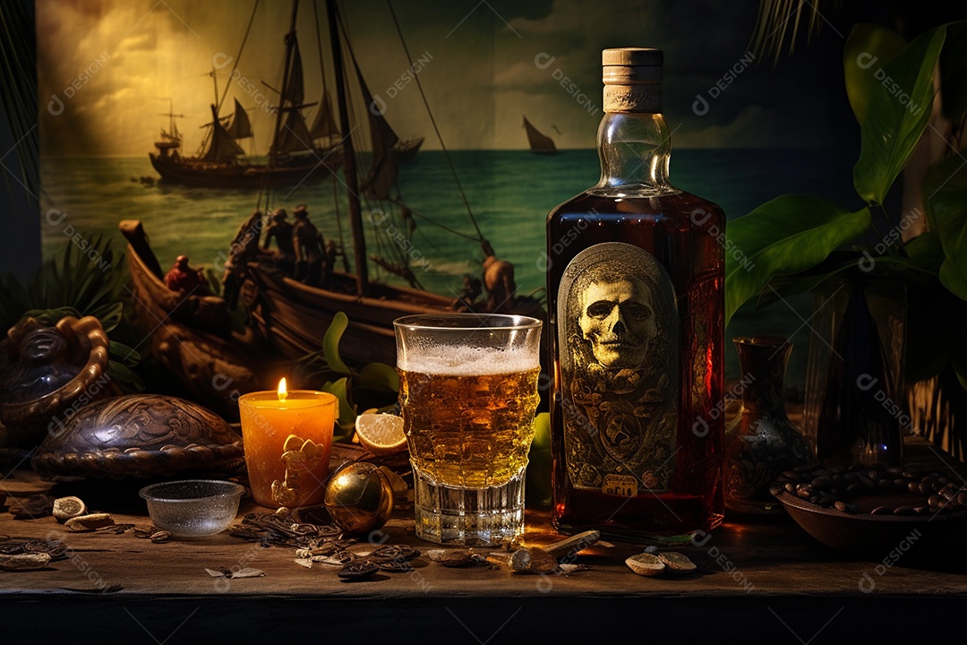 Garrafa de rum ou uísque e um copo cheio em cena de pirata