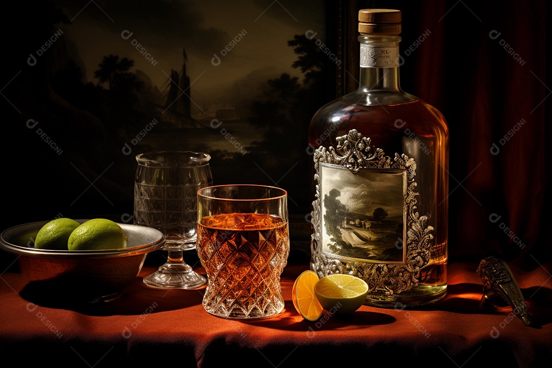 Garrafa de rum ou uísque e um copo cheio