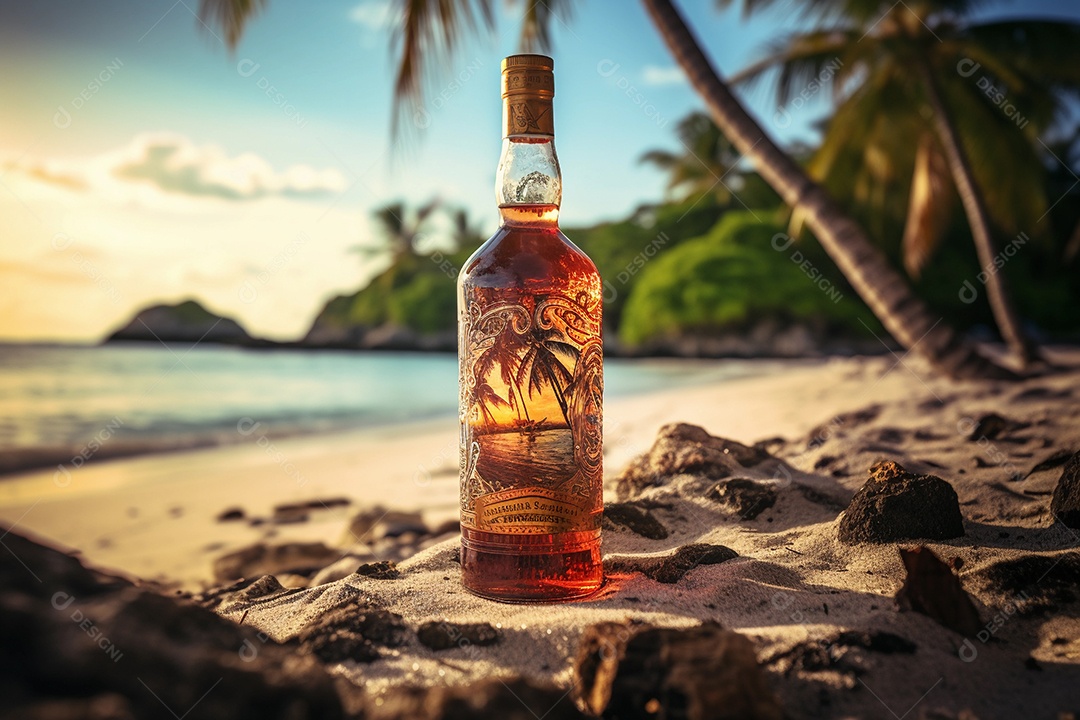 Garrafa de rum ou uísque em uma praia, cena tropical