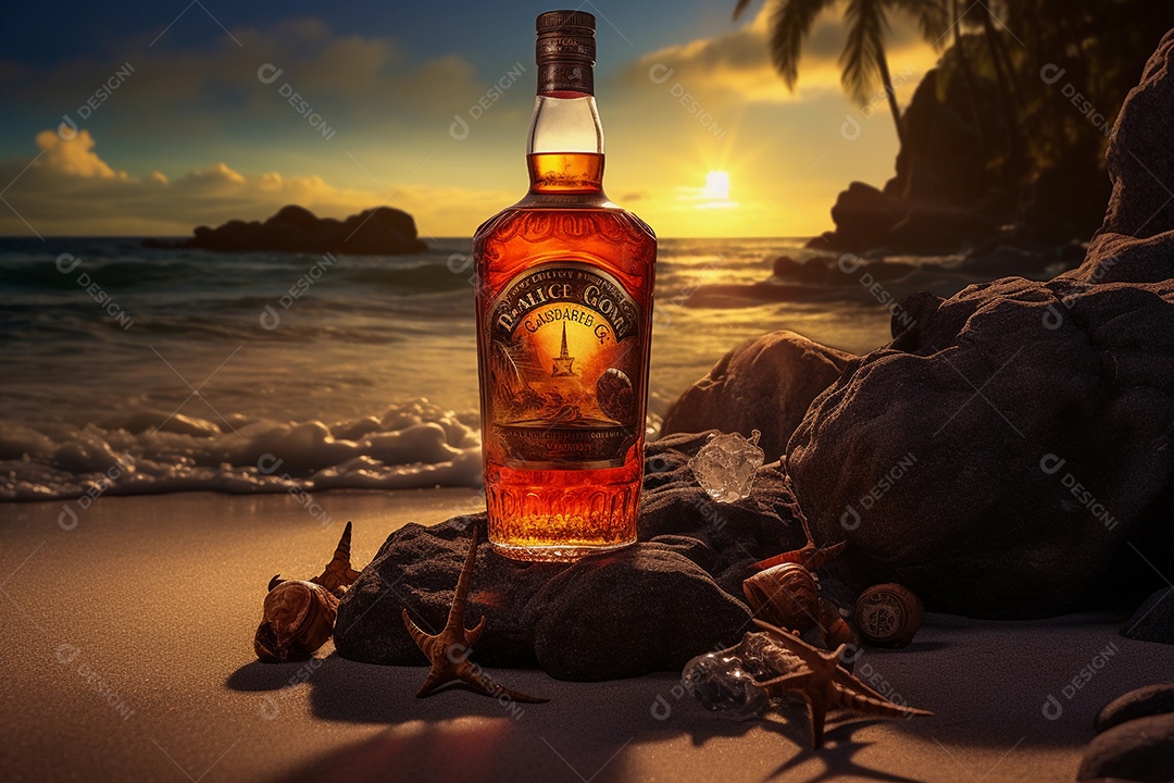 Garrafa de rum ou uísque em uma praia, cena tropical