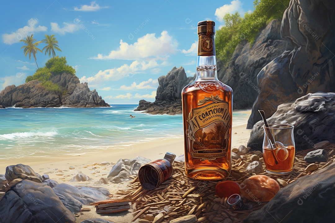 Garrafa de rum ou uísque em uma praia, cena tropical