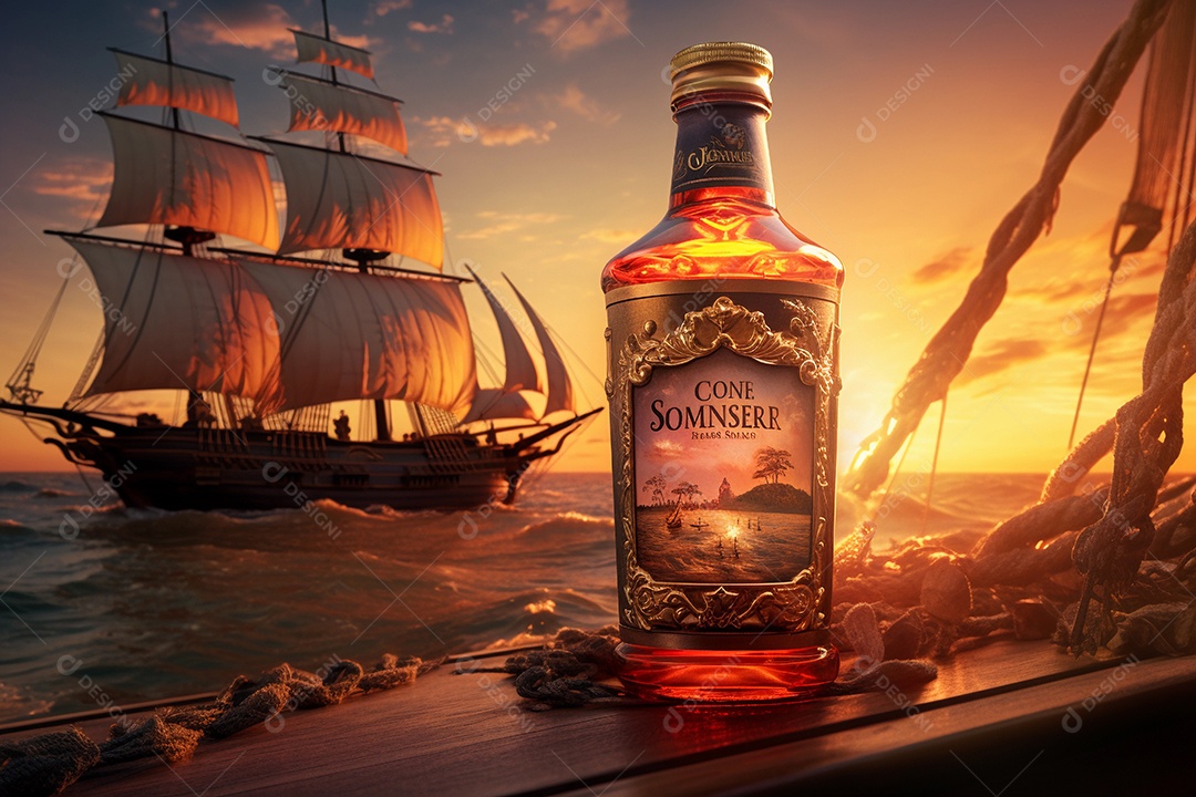 Garrafa de rum ou uísque em uma praia com um navio pirata ao fundo