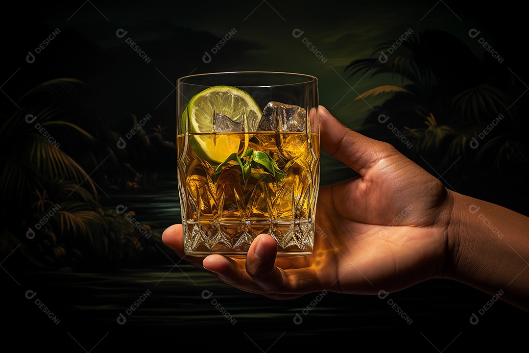 Garrafa de rum ou uísque em uma praia com um navio pirata ao fundo