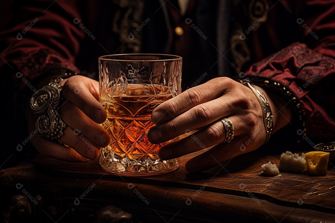 Mão masculina segurando um copo de rum ou uísque com gelo