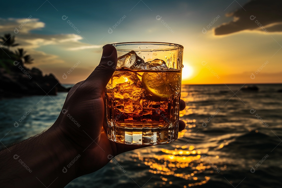 Mão masculina segurando um copo de rum ou uísque com gelo