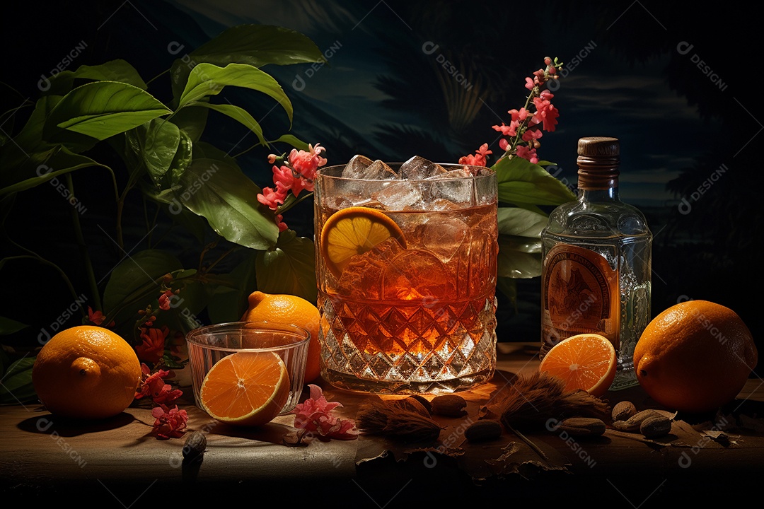 Copo de rum ou uísque sobre a mesa com limões