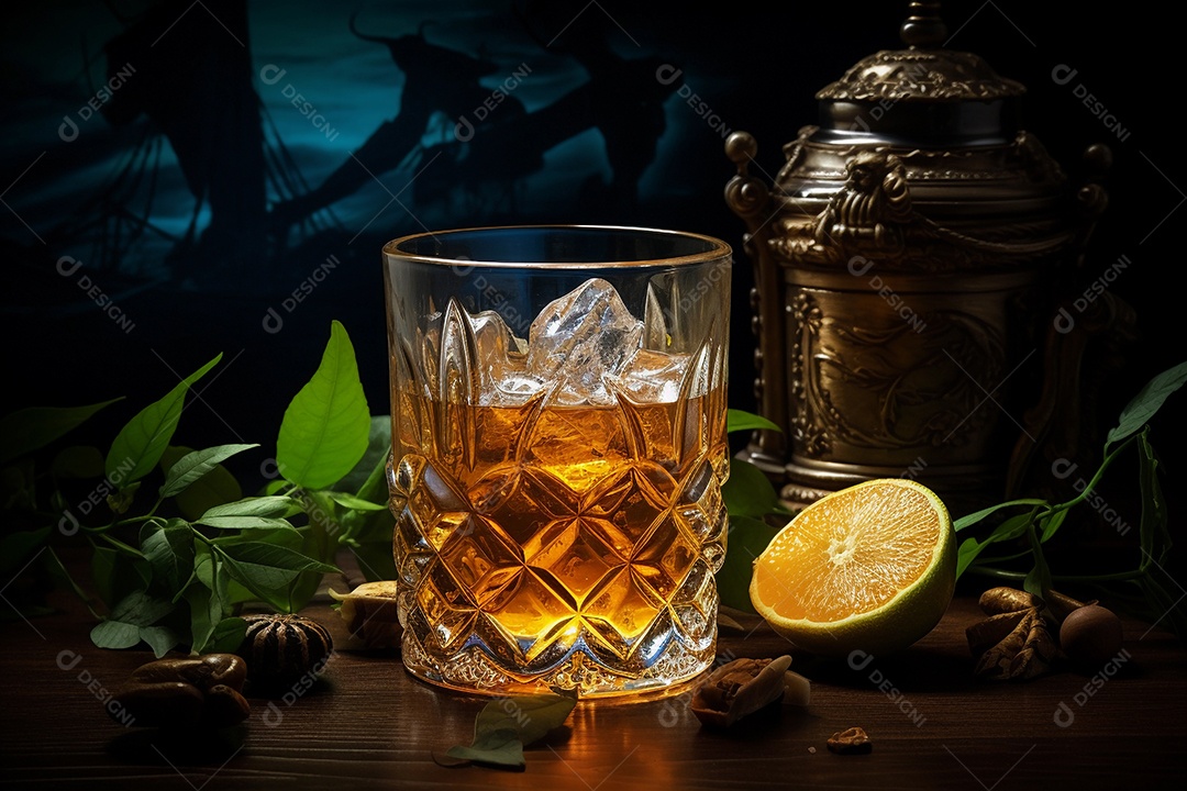 Copo de rum ou uísque sobre a mesa com limões