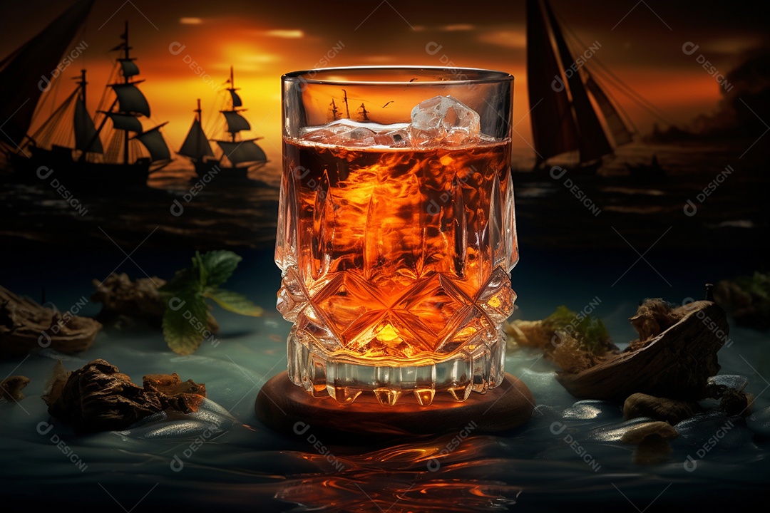 Copo de rum ou uísque sobre a mesa com limões