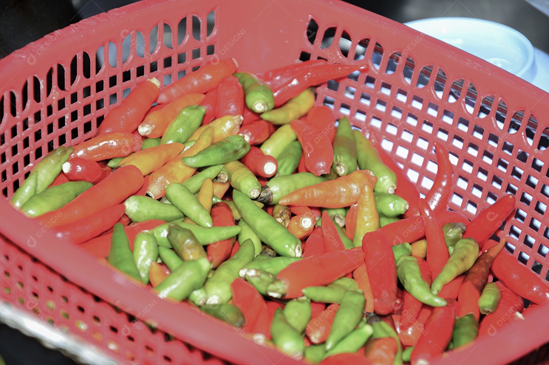 Cesta de pimentas verdes e vermelhas