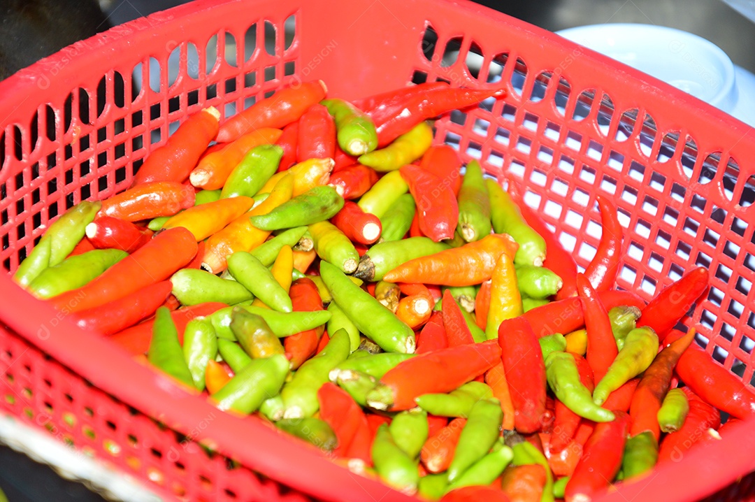 Cesta vermelha com pimentas vermelhas e verdes