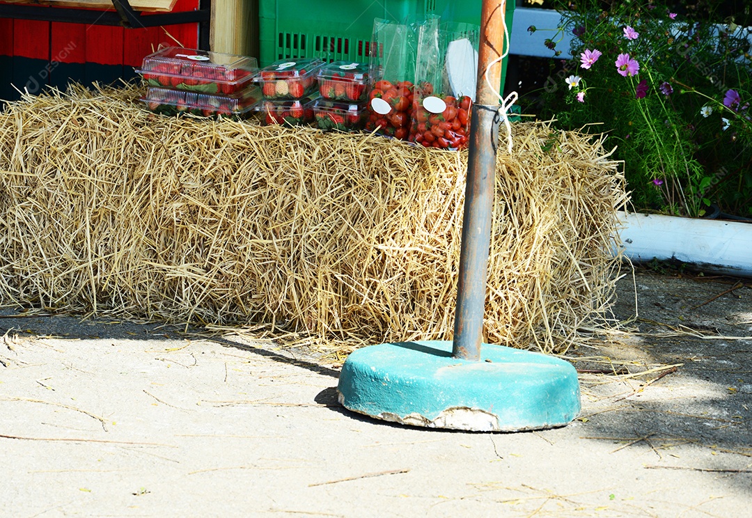 Banca de frutas com feno de palha